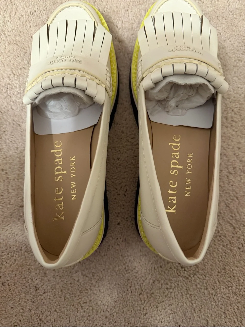 Kate Spade New York Leandra Lug Sole Kiltie Fringe Loafers Creamwith Yellow Trim